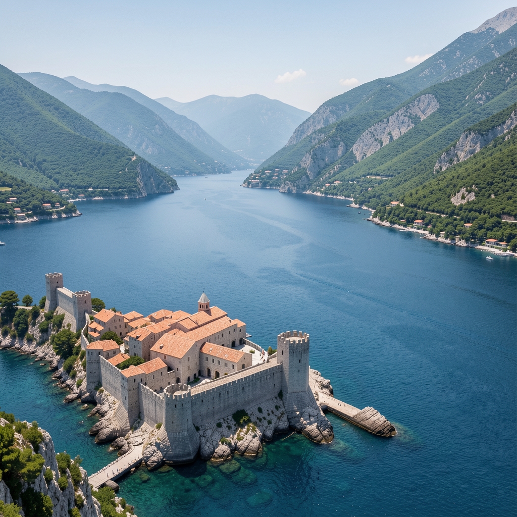 Panoramski pogled na Bokokotorski zaliv iz ptičije perspektive, zelene planine okružuju mirno plavo more, u prvom planu kameni grad Kotor sa venetskim zidinama