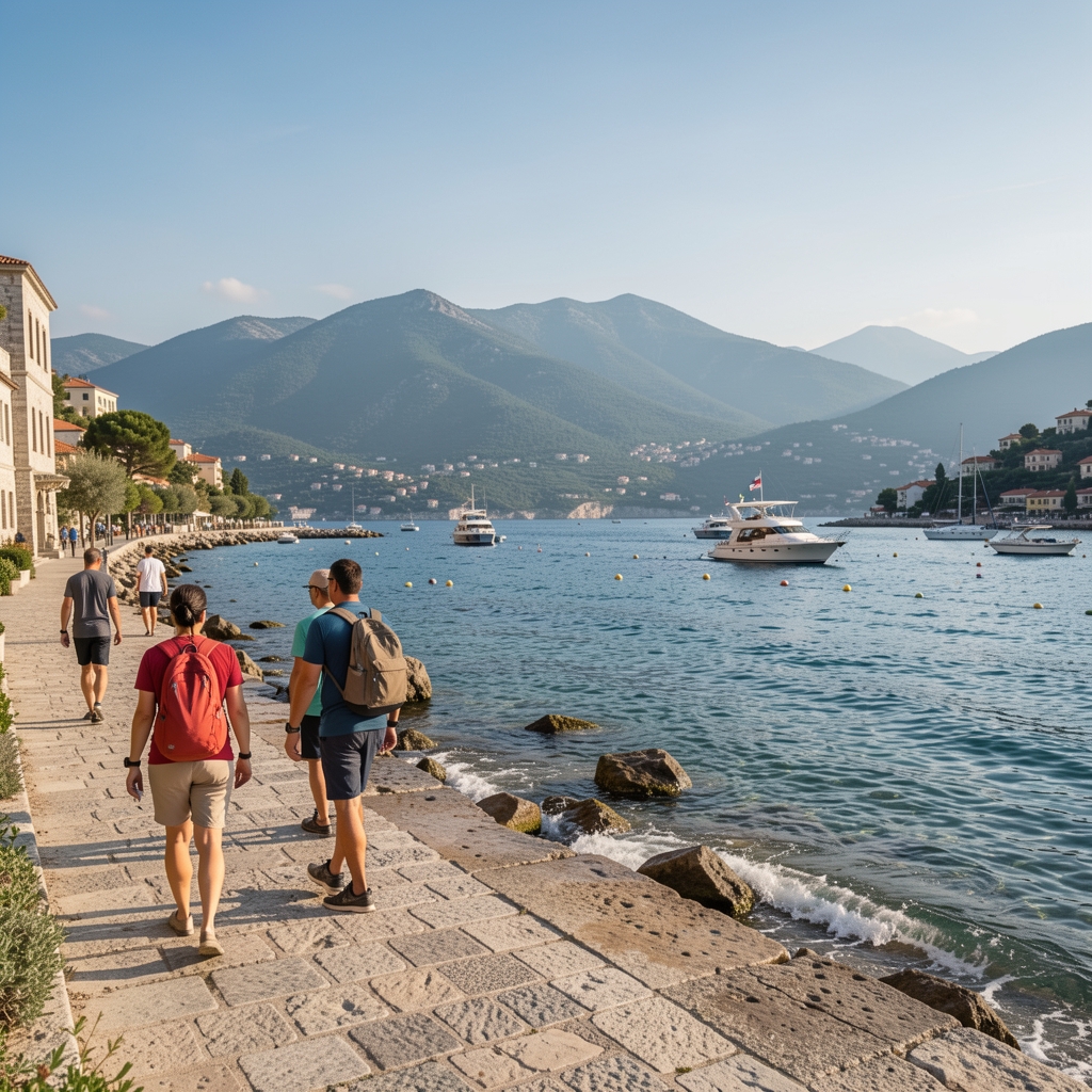 Turisti na crnogorskoj jadranskoj obali, sunčana plaža sa stablima palme, plava laguna, pogled s visine