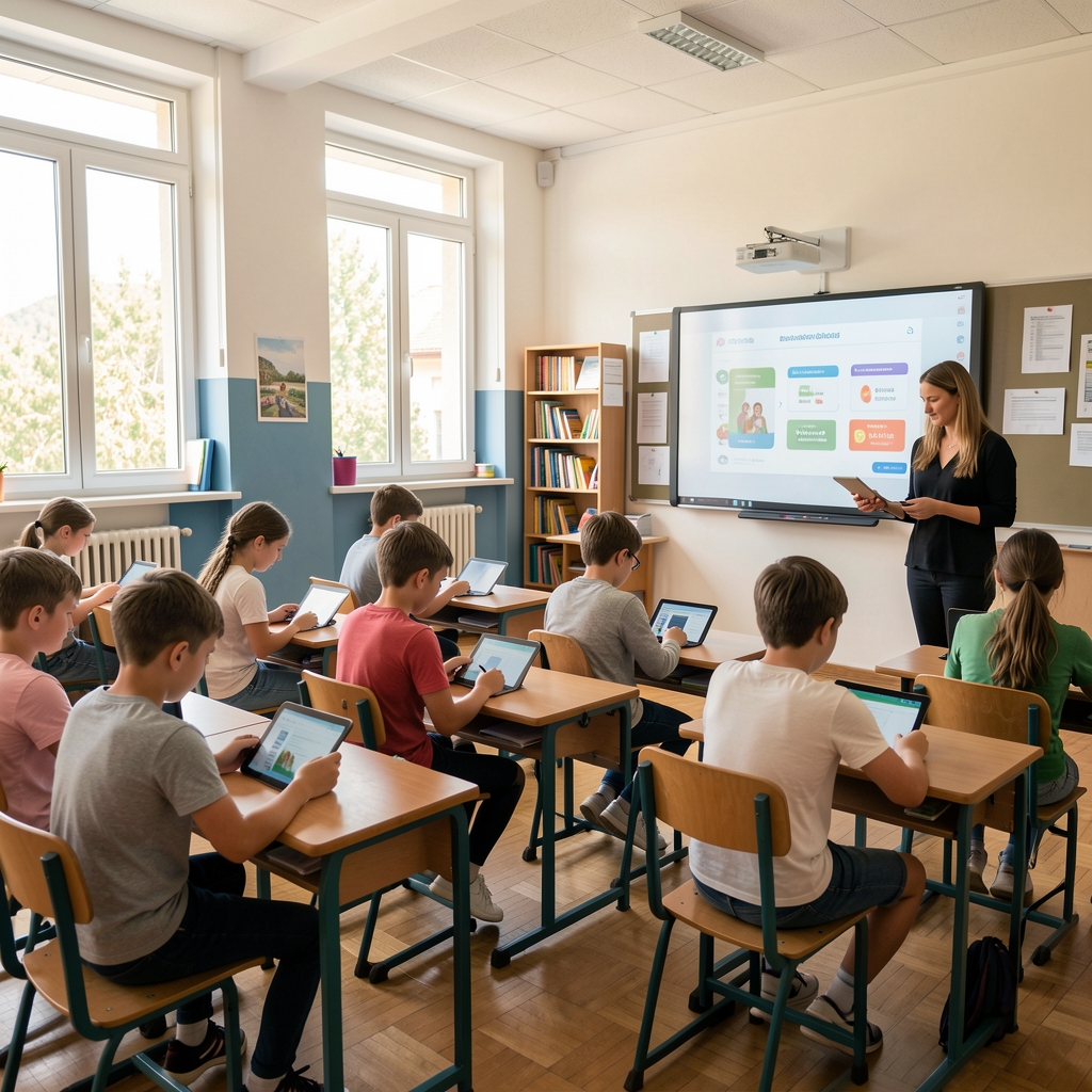 Moderna učionica u crnogorskoj osnovnoj školi, učenici sjede za klupama i rade na tabletima, nastavnica stoji pored interaktivne table s prikazanim nastavnim sadržajem