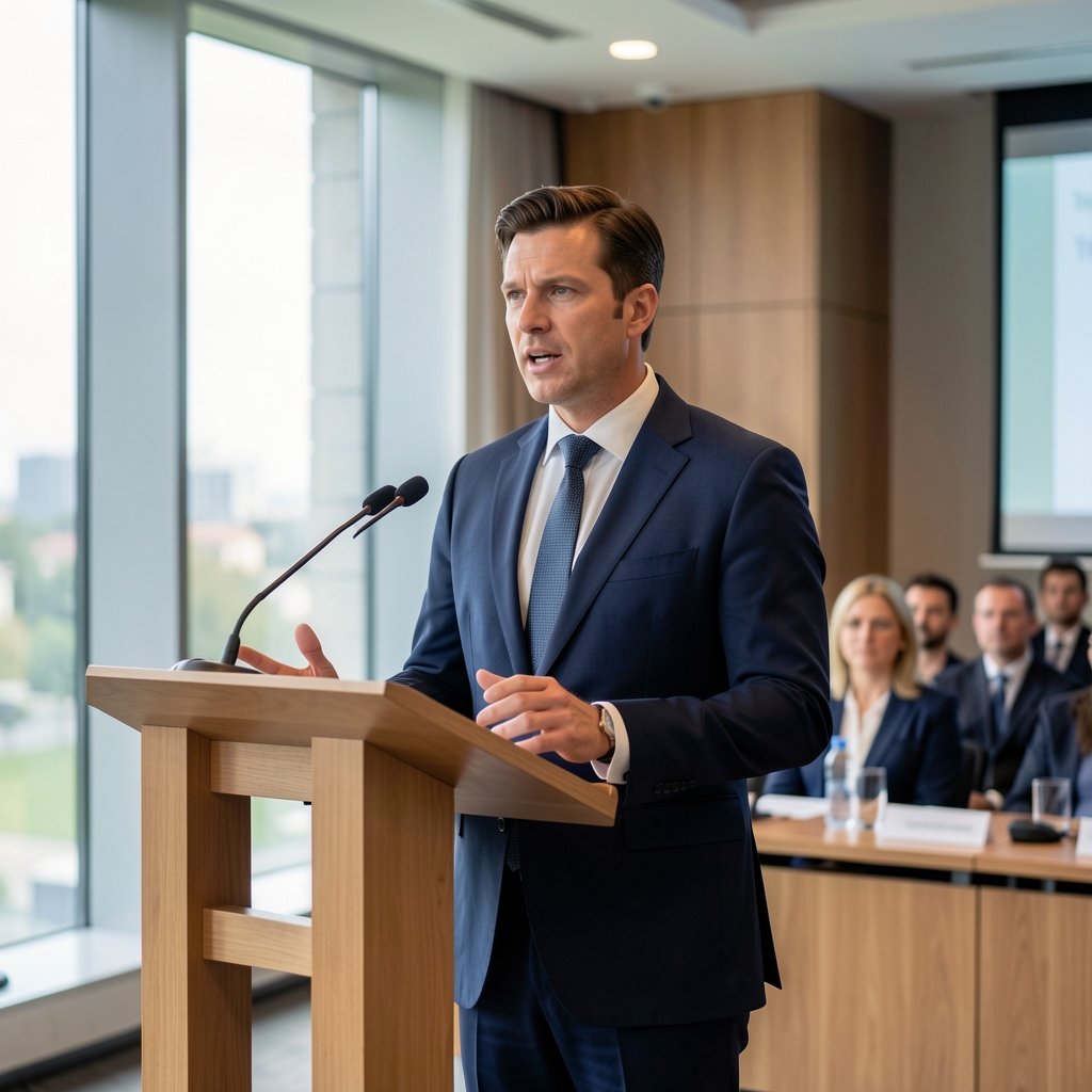 Ekspert za geopolitiku govori na konferenciji, elegantno odjeven muškarac za govornicom u modernoj dvorani
