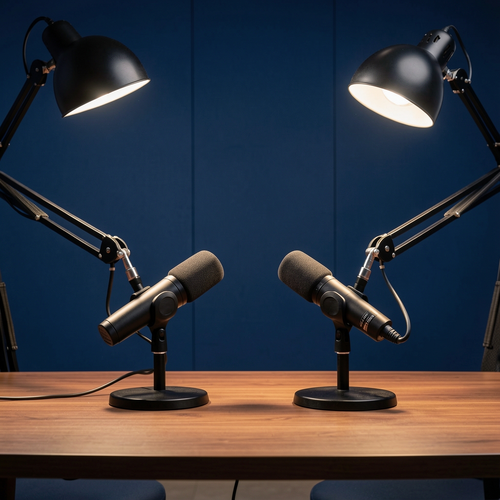 Profesionalni intervju studio sa dva novinarska mikrofona, moderna televizijska pozadina u tamnoplavim tonovima, upaljene studio lampe