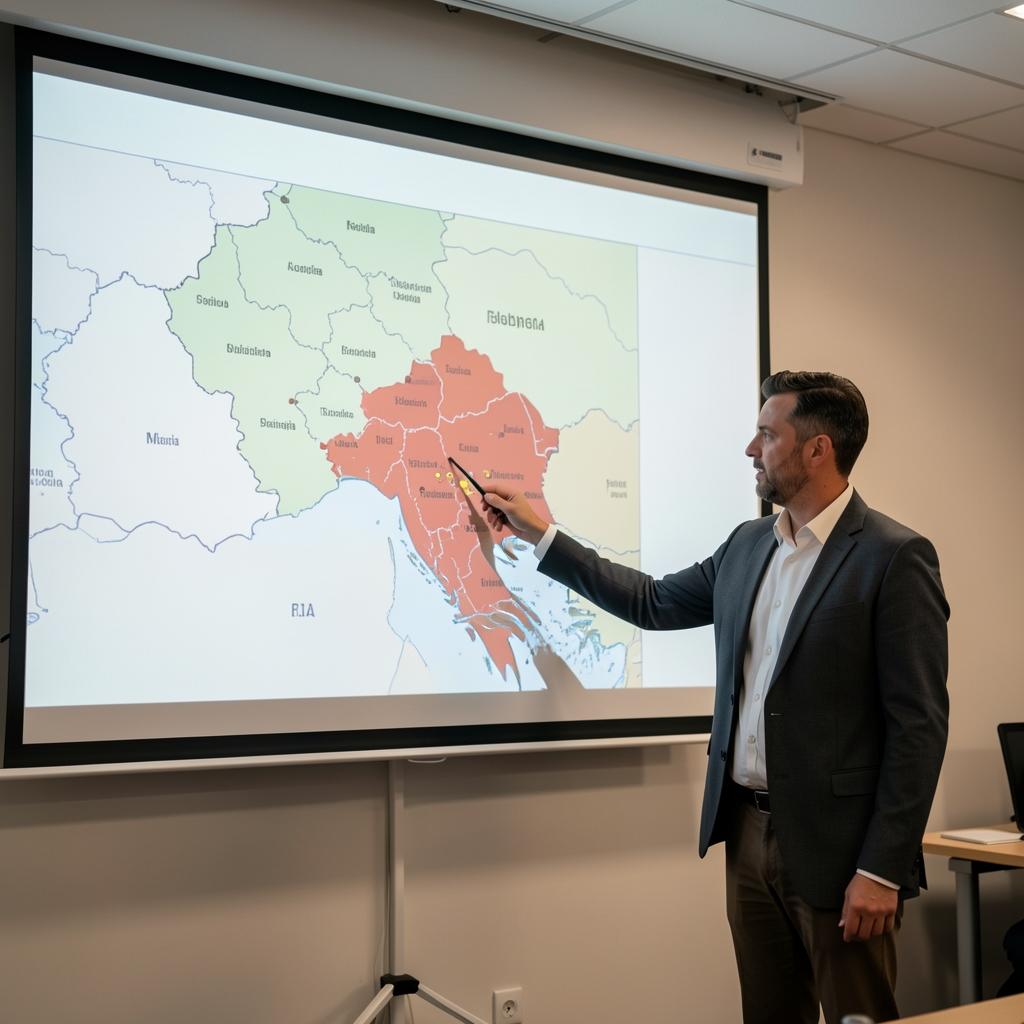 Politička karta Balkana na velikom ekranu sa istaknutim granicama Crne Gore i Srbije, u prvom planu analitičar pokazuje pokazivačem na kartu tokom predavanja