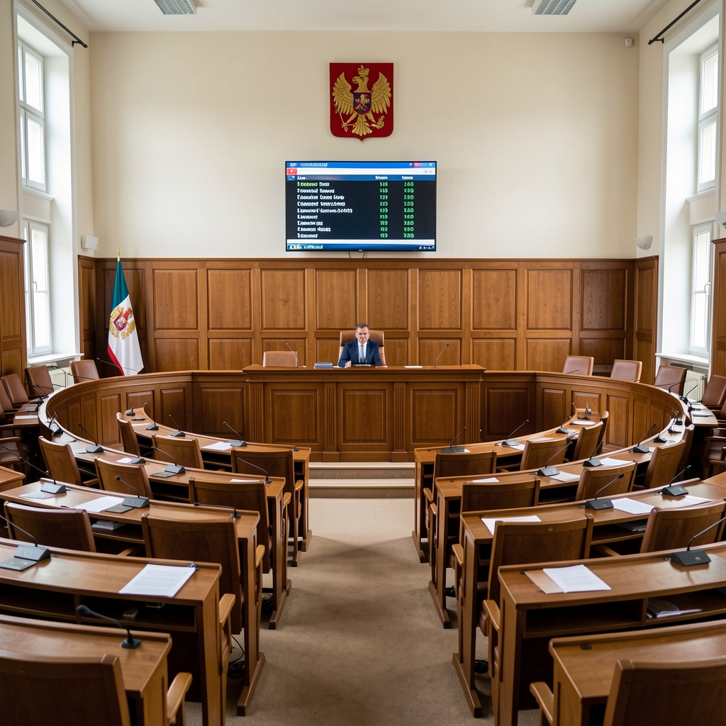 Unutrašnjost sale Skupštine Crne Gore, hemicikl sa klupama poslanika, govornički podijum i grb države